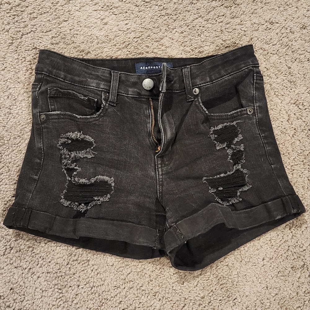 Aeropostale High Rise Midi Black Denim Ripped Shorts Womens Size 6